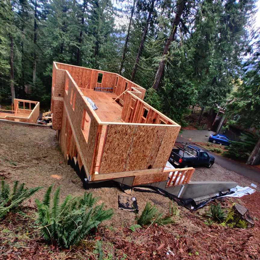 Second-floor wall framing and floor deck on my second house