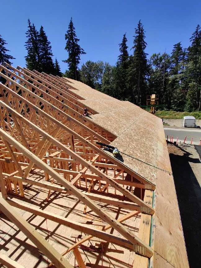 Exposed roof trusses beside a partially sheathed roof section